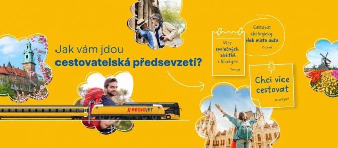 Moderní žlutý vlak RegioJet projíždějící krajinou za slunečného dne.