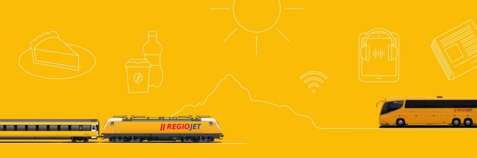 Mapa Evropy s vyznačenými trasami vlaků a autobusů RegioJet.