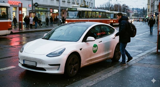 Bílá Tesla Model 3 s logem Bolt na dveřích stojí u chodníku v podvečerním Brně. Ze zadních sedadel právě vystupuje muž v zimní bundě a s batohem na rušnou ulici.