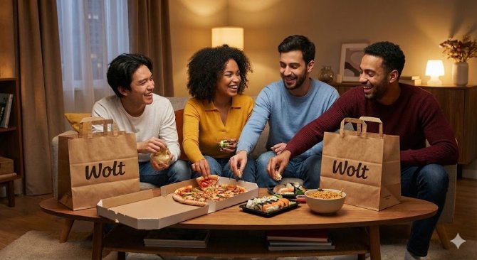 Skupina čtyř přátel v obývacím pokoji společně sdílí rozmanitou hostinu, včetně pizzy a sushi, doručenou ve více papírových taškách Wolt.