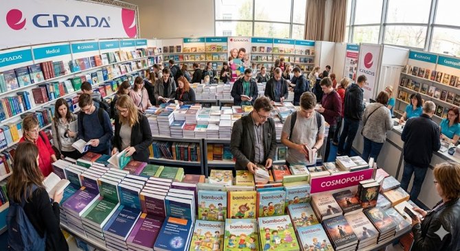 Živá scéna z knižního veletrhu s mnoha lidmi prohlížejícími si tištěné knihy na stánku nakladatelství Grada, ukazující širokou nabídku odborné i populární literatury.