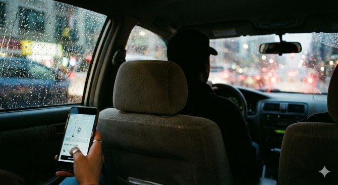 Autentický záběr ze zadního sedadla auta, kde pasažér drží telefon s aplikací Uber. Vpředu sedí řidič a za deštěm smáčeným oknem jsou vidět rozmazaná světla města.