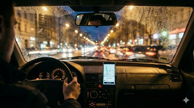 "Pohled z místa řidiče při noční jízdě autem v dešti. Řidič má ruce na volantu a smartphone s navigací je bezpečně upevněn v držáku na ventilaci palubní desky. Za mokrým čelním sklem je rušný městský provoz