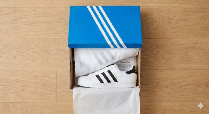 Rozbalování objednávky z e-shopu Adidas: Detail na ikonickou modrou krabici s botami a logem tří pruhů, symbolizující rychlé doručení a radost z nákupu.