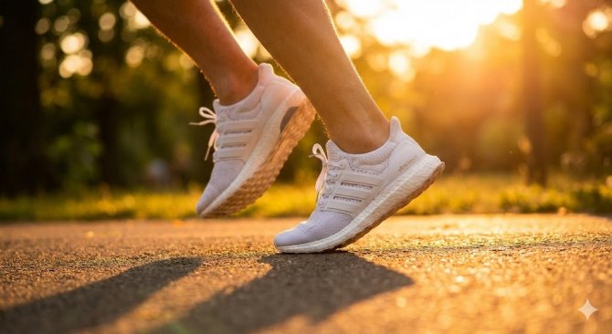 Atmosférický snímek běžce v parku při západu slunce, detailně zachycující sportovní obuv Adidas Ultraboost a aktivní životní styl spojený se značkou