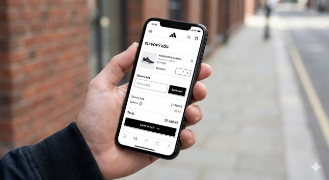 Detail ruky držící smartphone s otevřeným nákupním košíkem na e-shopu Adidas.cz, ukazující pole pro vložení slevového kódu během online nákupu.