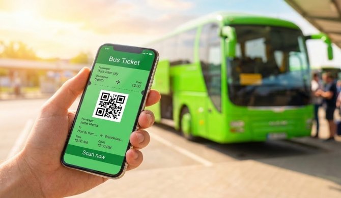 Detail ruky držící chytrý telefon se zobrazenou elektronickou jízdenkou FlixBus na displeji, v pozadí je rozmazaný zelený autobus připravený k odjezdu a sluncem zalité nádraží.
