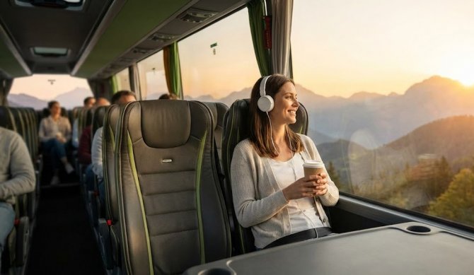 Cestující žena se sluchátky a kávou relaxuje v pohodlném sedadle moderního dálkového autobusu a s úsměvem sleduje západ slunce nad horami přes velké panoramatické okno.